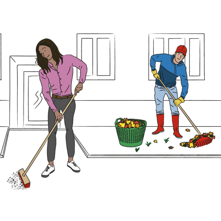 Illustration på två ungdomar som sopar och krattar utomhus.