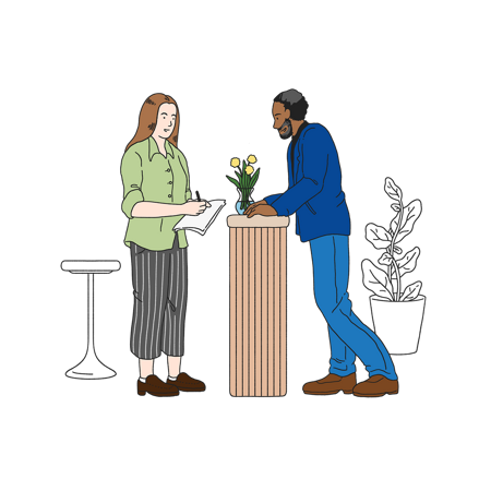 Illustration av en kvinna och en man som står och pratar i en reception