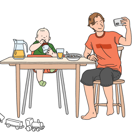 Illustration av en ung man och ett litet barn som sitter vid ett matbord och äter. Mannen tar ett foto med sin mobil.