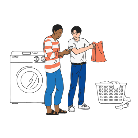 Illustration av två unga män som står i en tvättstuga, en tittar i mobilen och en tar hand om tvätt